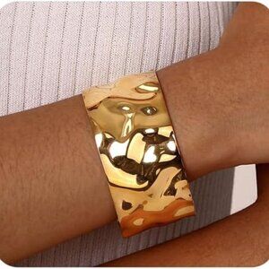 Gold Artisan-Crafted Hammered Open Cuff Bracelet for Women - Adjustable, Punk Je